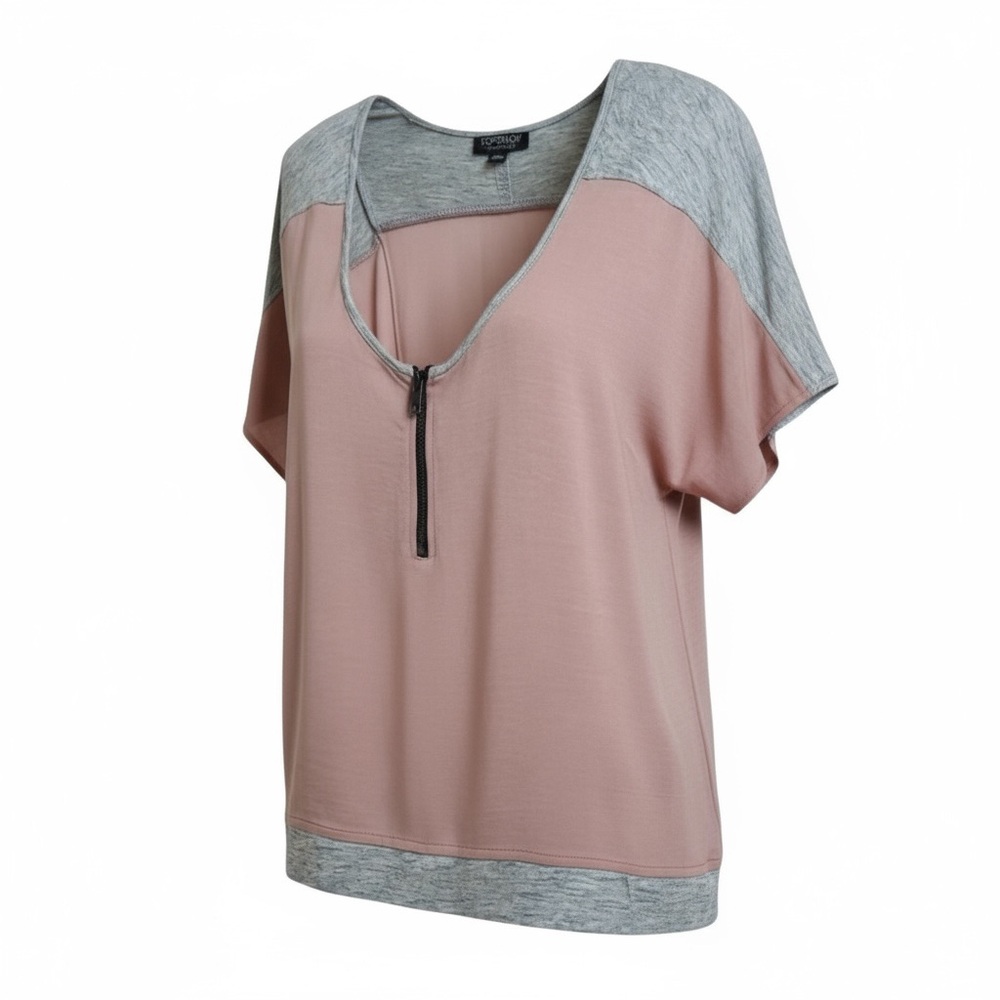 Topshop Cropped Blush and Gray Colorblock Cap Sleeve Half Zip Front Top Size 4/L